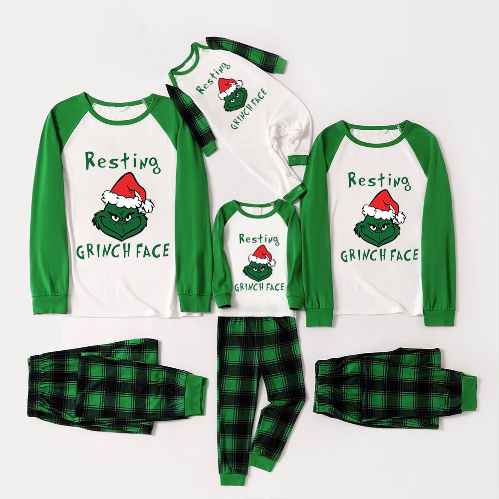 Christmas Cute Cartoon Wearing Christmas Hat and 'Resting Face' Letter Print Casual Long Sleeve Sweatshirts Green Contrast Tops and Black and Green Plaid Pants  Family Matching Raglan Long-sleeve Pajamas Sets