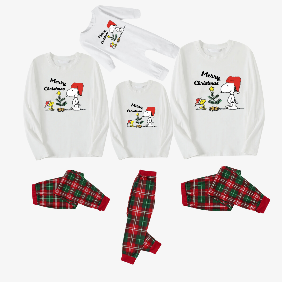 Peanuts and Merry Christmas Text Printed Red and Green Plaid Christmas Pajama Set