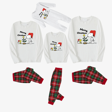 Peanuts and Merry Christmas Text Printed Red and Green Plaid Christmas Pajama Set