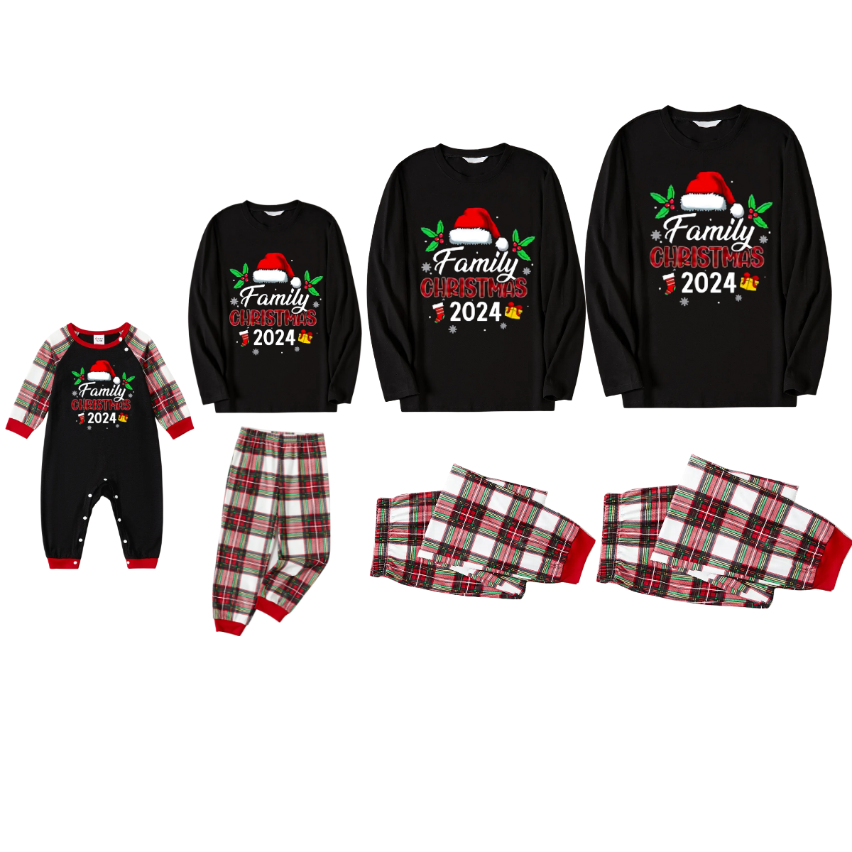 "Family Christmas 2024" with Santa Hat Pattern Ⅰ- Black Top with Red & White & Green Plaid Pants Family Matching Pajamas