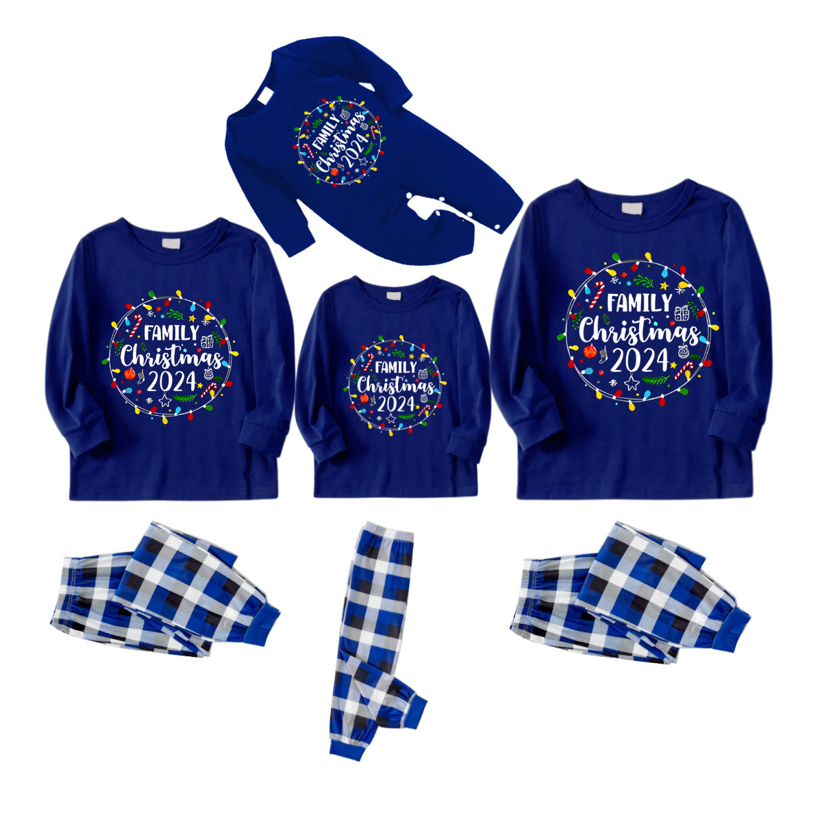 "Family Christmas 2024" Text and Christmas Light Printed Blue and White Plaid Family Matching Pajamas