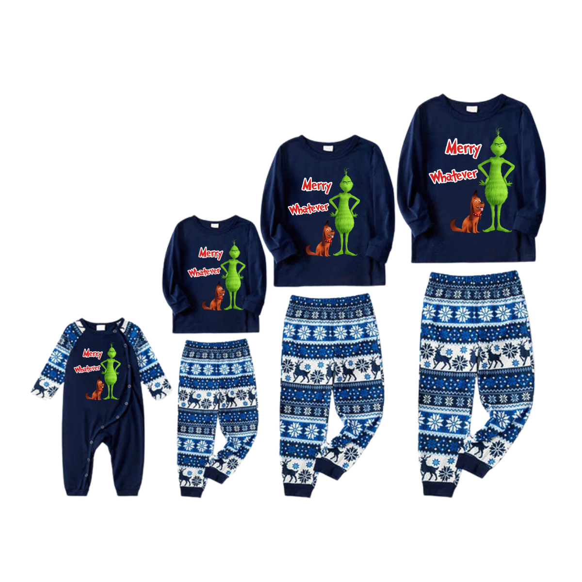 'Merry Whatever' Red Text With Green Cartoon Characters and Dog Pattern Blue Top Navy Blue Stripe Plaid Pants Family Matching Pajamas