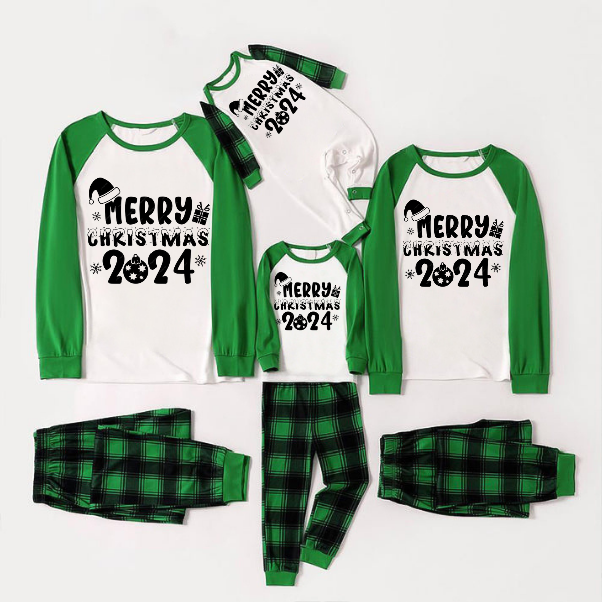 Merry Christmas 2024 Text Print Long Sleeve Top With Green & Black Plaid Christmas Matching Pajamas