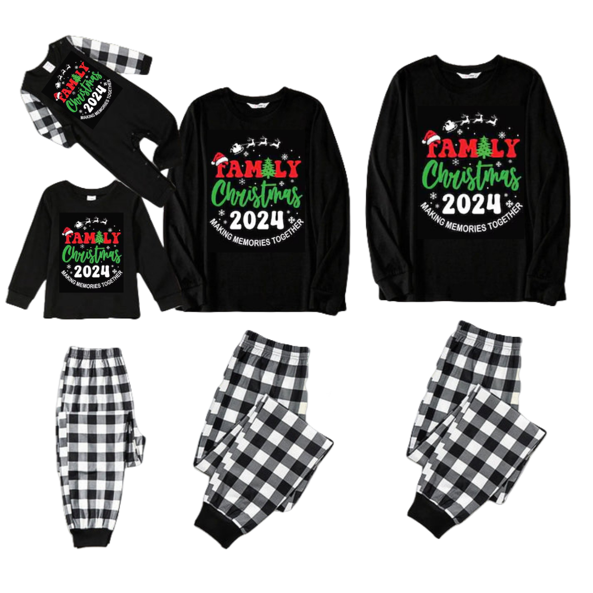 Cute "Family Christmas 2024 Making Memories Together" Text Print Black and White Plaid Family Matching Pajamas