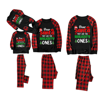 "Dear Santa They are The Naughty Ones" Slogan Printed Black and Red Plaid Christmas Matching Pajamas