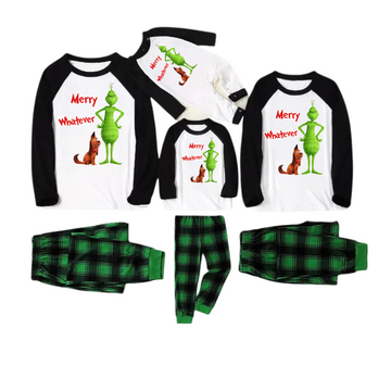 Cartoon Pattern and "Merry Whatever" Printed Green and Black Plaid Christmas Family Pajamas