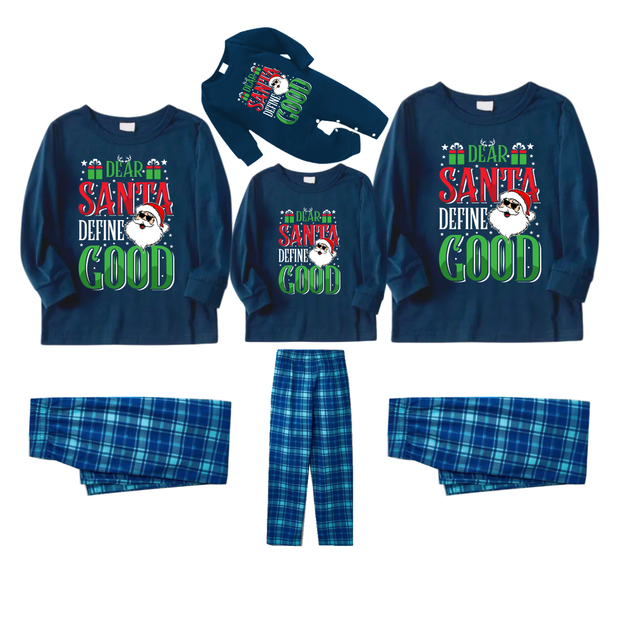 "Dear Santa Define Good" Slogan Printed Blue Plaid Family Matching Pajamas