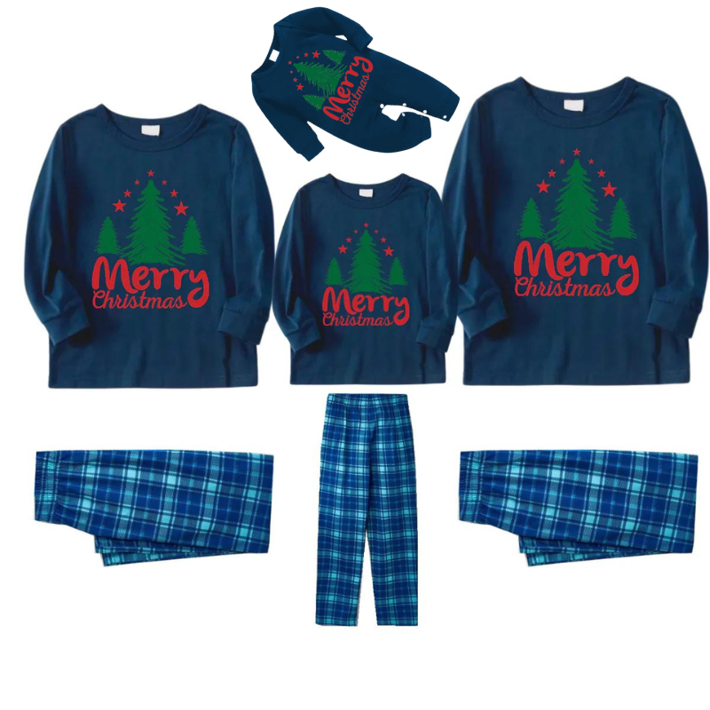 Merry Christmas Letter & Tree Printed Pattern Blue Long Sleeve Top and Blue & White Plaid Pants Family Matching Pajamas