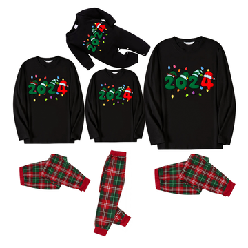 "2024" Text and Christmas Light Printed Red and Green Plaid Family Matching Pajamas