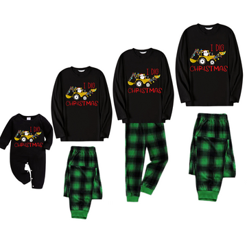 Christmas Excavator Print Black Long Sleeve Top with Green and Black Plaid Family Matching Pajamas