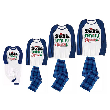 Cute "Family Christmas 2024" Text Print Blue & Black Plaid Christmas Family Matching Pajamas