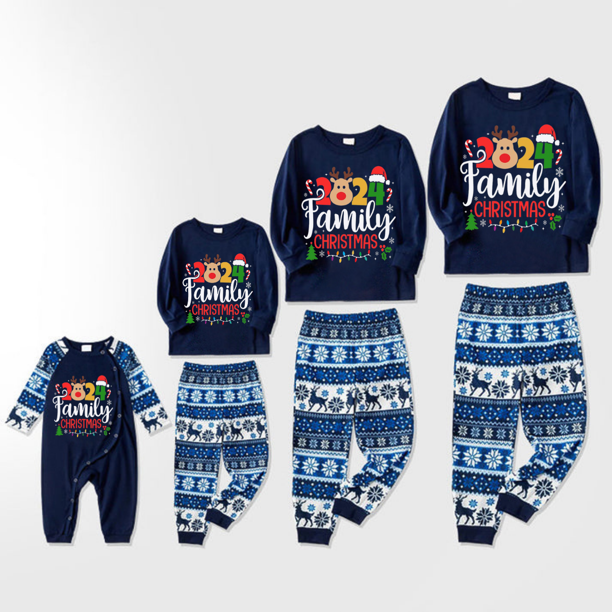 2024 Christmas Text and Deer Print Blue Family Matching Pajamas