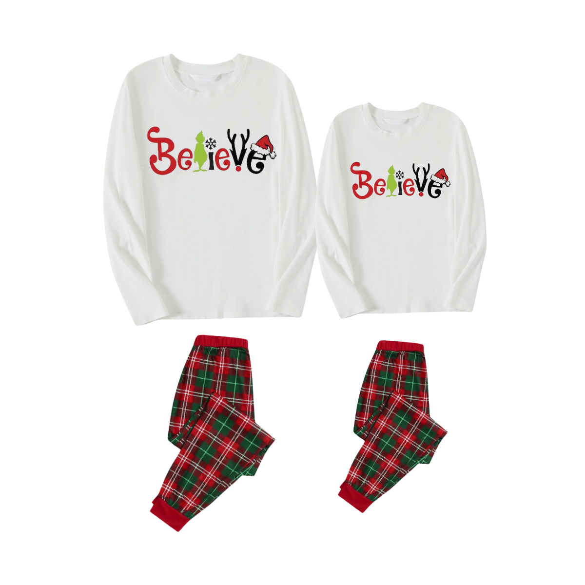 Christmas 2024 "Believe" Letter White Long Sleeve Top with Red & Green Plaid Pants Couple Matching Pajamas