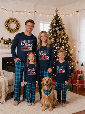 Christmas FAMILY 2026 slogan Printed Blue Plaid Christmas Family Matching Pajamas