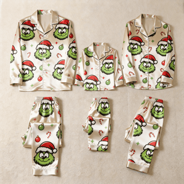 Smiling Green Face & Santa Hat Print Satin Button-Up Family Christmas Pajamas Set