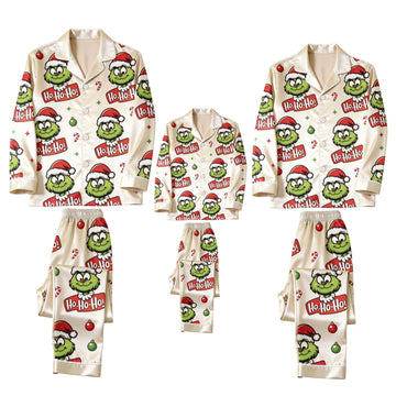 Green Face & Ho-Ho-Ho Text Print Satin Button-Up Family Christmas Pajamas Set