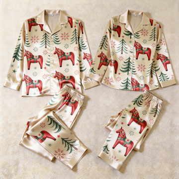 Dala Horse Holiday Satin Matching Pajamas for Couples – Long Sleeve Button-Down Top & Pants Sleepwear Set