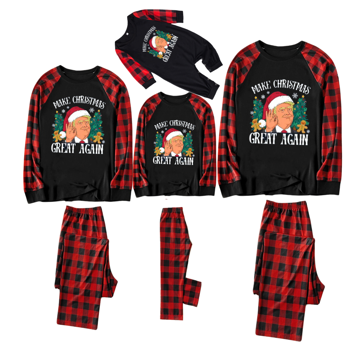 "MERRY CHRISTMAS GREAT AGAIN" Letter Printed Classical Red and Black Plaid Family Pajamas Sets