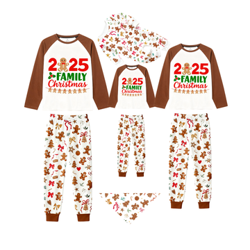 2025 Pattern Print - Brown Top & Gingerbread Man Print Pants Family Matching Christmas Pajamas Set