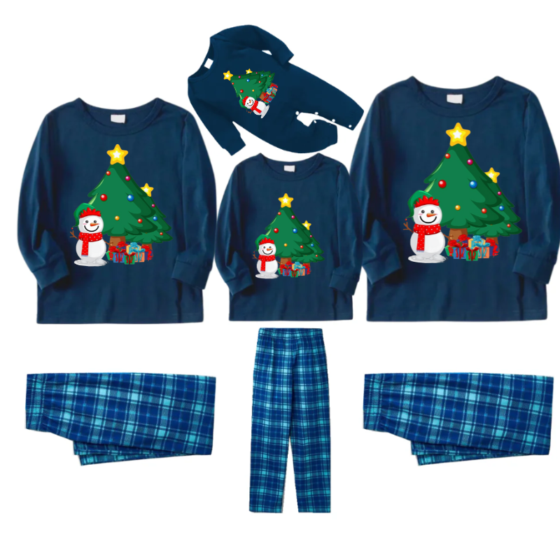 Christmas Tree And Smiling Snowman with Gift Pattern Blue Long Sleeve Top with Blue And White Plaid Pants Family Matching Pajamas