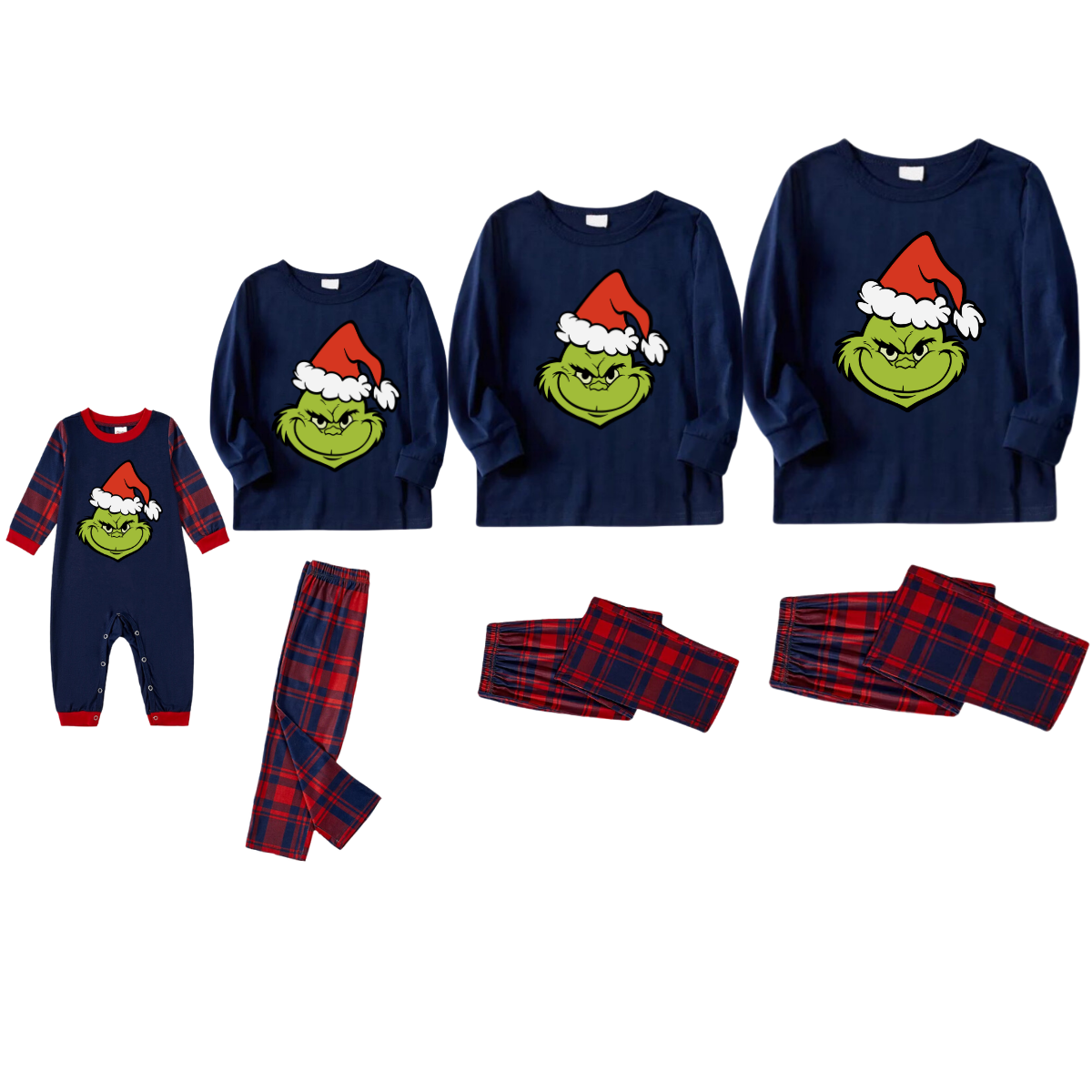 Christmas Cartoon Pattern Print Blue Long Sleeve Top with Red & Blue Plaid Family Matching Pajamas