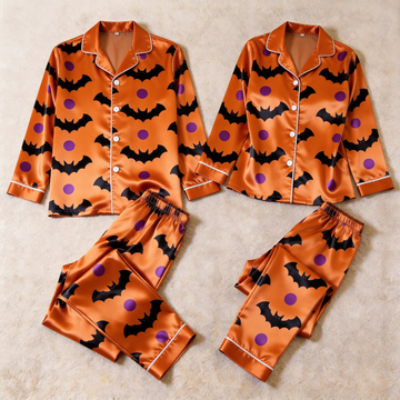 Bat and Polka Dot Satin Matching Pajamas for Couples – Long Sleeve Button-Down Top & Pants Sleepwear Set