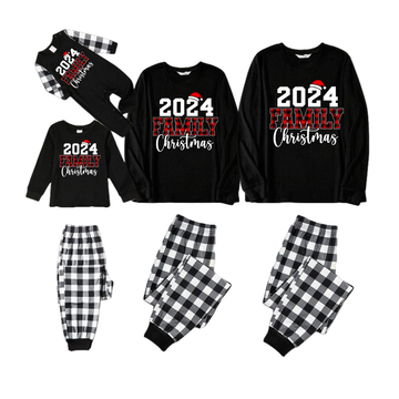 2024 Family Christmas Text Print Black Long Sleeve Top with Black And White Plaid Pants Family Matching Pajamas