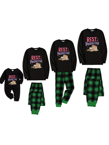 REST PRODUCTIVE Letter Printed Green Black Plaid Matching Pajamas
