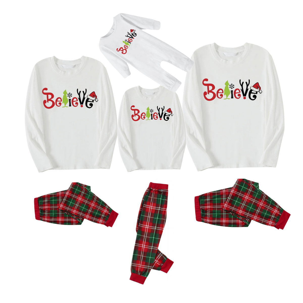 Christmas 2024 "Believe" Letter White Long Sleeve Top with Red & Green Plaid Pants Family Matching Pajamas