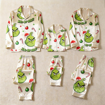 Angry Green Face & Who-Be-What Text Print Satin Button-Up Family Christmas Pajamas Set