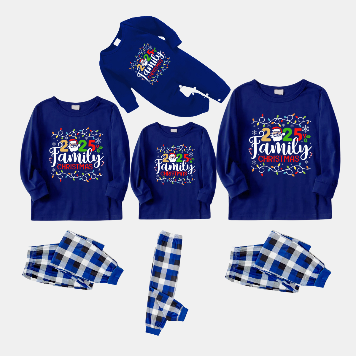 Navy & White Plaid Christmas Pajamas Set With Christmas Light and "2025 Family Christmas" Text Print