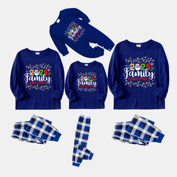 Navy & White Plaid Christmas Pajamas Set With Christmas Light and "2025 Family Christmas" Text Print