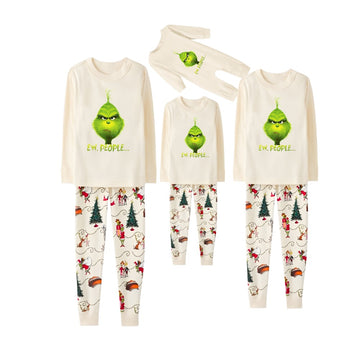 Beige Christmas Pattern Print Christmas Pajamas Set With Grinch and "EW People" Print