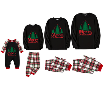 Merry Christmas Letter & Tree Printed Pattern Black Long Sleeve Top and Red & White Plaid Pants Family Matching Pajamas