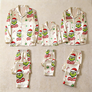 Angry Green Face & "Hate You" Text Print Satin Button-Up Family Christmas Pajamas Set