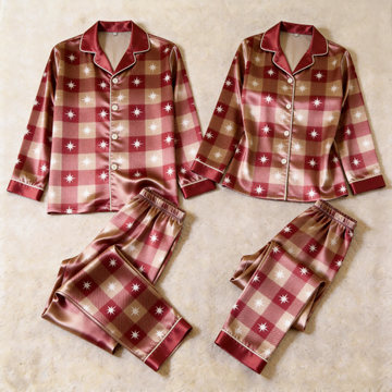 Star Plaid Satin Matching Pajamas for Couples – Long Sleeve Button-Down Top & Pants Sleepwear Set