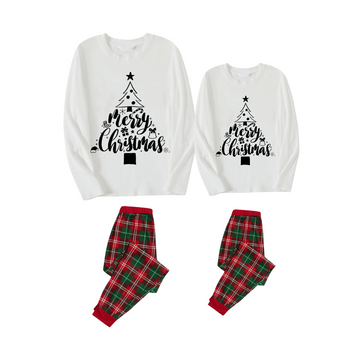 Christmas Tree Pattern "Merry Christmas" Monogram Print White Long Sleeve Top with Classic Red, Green and White Plaid Pants Couple Matching Pajamas