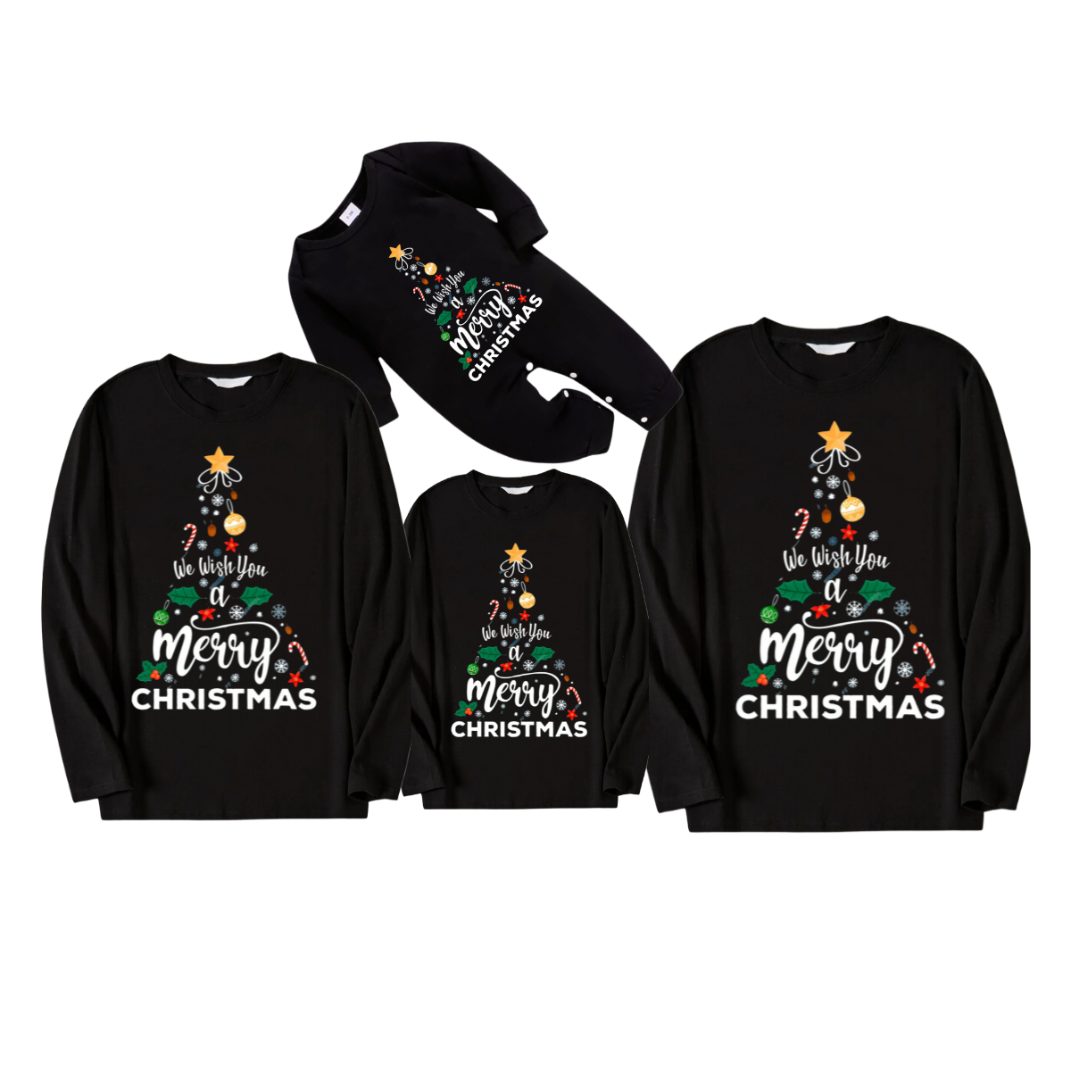 'We wish you a merry CHRISTMAS'And Christmas Tree Pattern Black Long Sleeve Top