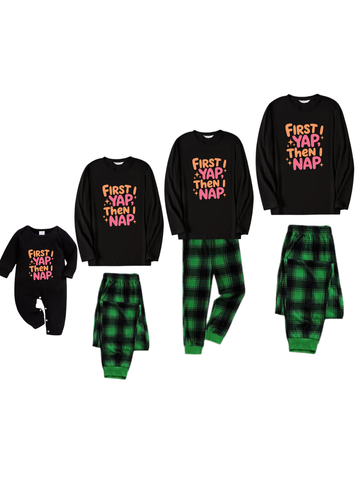FIRST YAP,THEN NAP Letter Printed Green Black Plaid Matching Pajamas