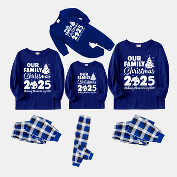 'Our Family Chirstmas 2025 Making Memories Together' Letter Print (White) Blue Plaid Family Matching Pajamas