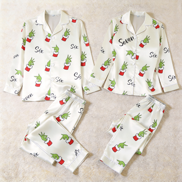 67 Holiday Green Hand Print Satin Matching Pajamas for Couples – Long Sleeve Button-Down Top & Pants Sleepwear Set