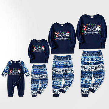 2024 Merry Christmas Text Print Blue Family Matching Pajamas