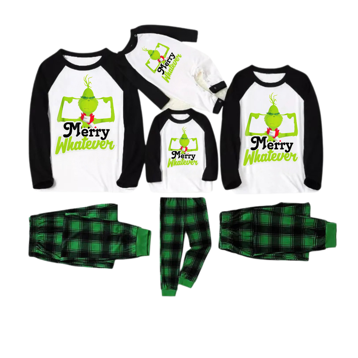 Funny Cartoon Pattern and "Merry Whatever" Printed Green and Black Plaid Christmas Family Pajamas