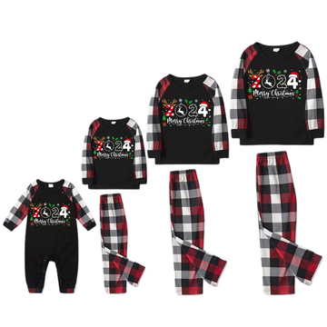 "2024 Merry Christmas" Text Snowflake Printed Pattern - Black Top with Red&Black&White Plaid Sleeves - Family Matching Pajamas