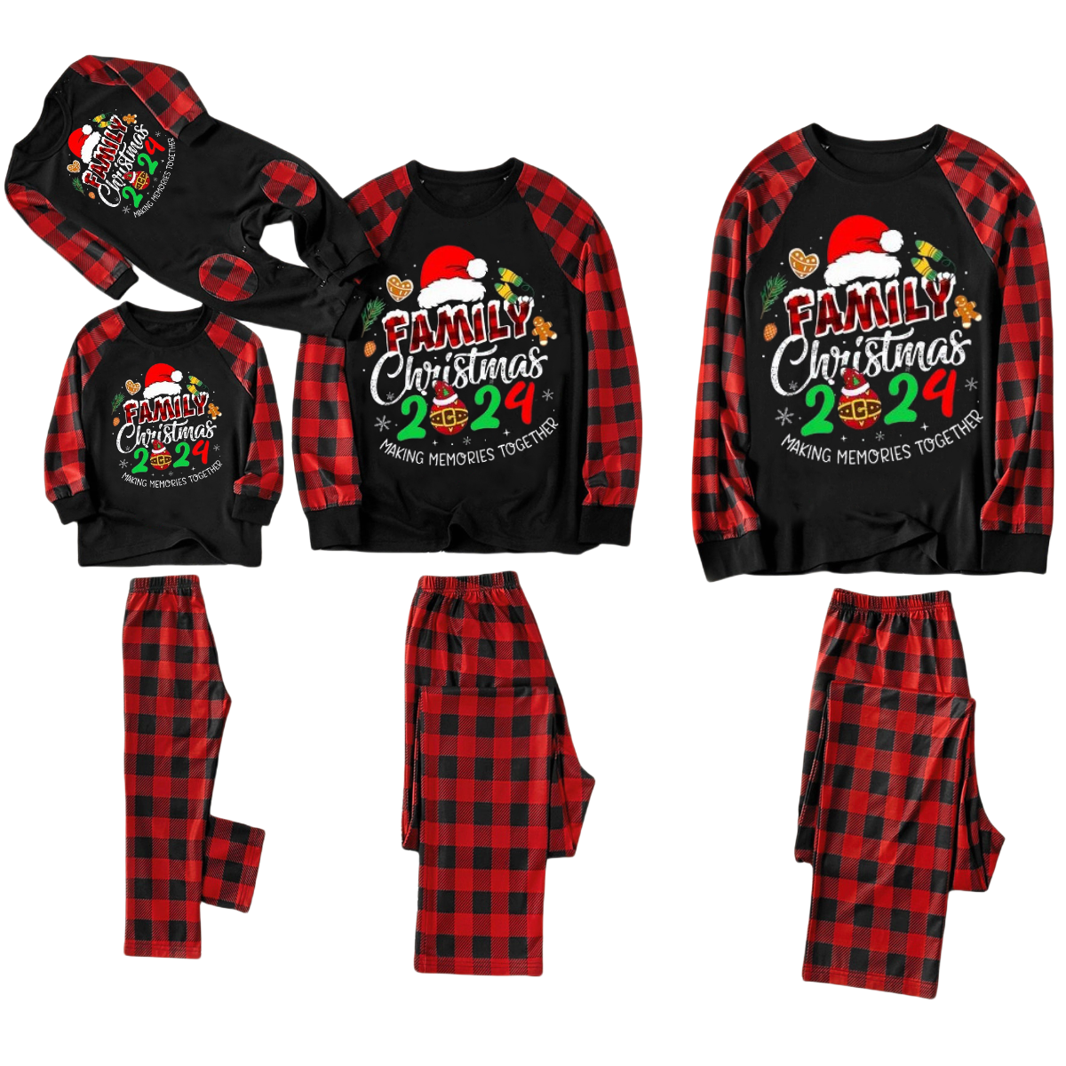 Santa Hat and "2024 Family Christmas" Text Print Black & Red Plaid Christmas Matching Pajamas