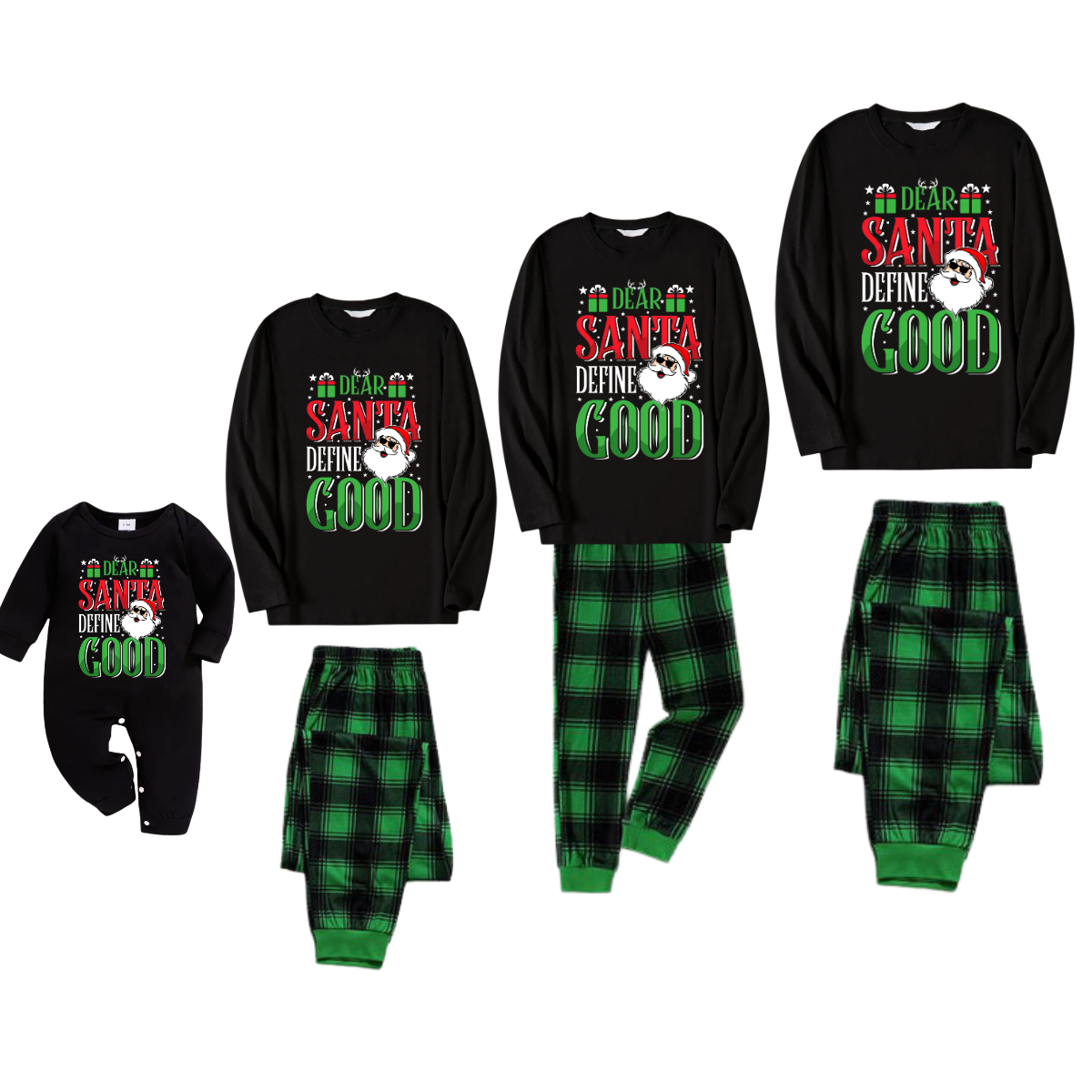 "Dear Santa Define Good" Slogan Printed Black and Green Plaid Family Matching Pajamas