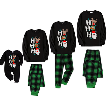 Christmas "HO HO HO" Text Print Black Long Sleeve Top with Green and Black Plaid Family Matching Pajamas