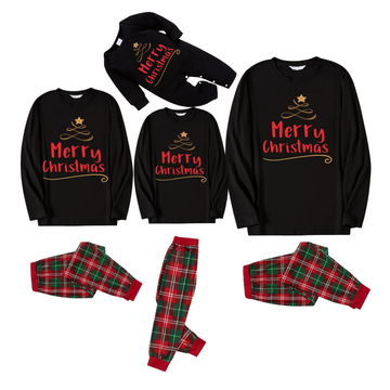 Merry Christmas Under Tree (Gold) - Black Top with Red & Green Plaid Pants Family Matching Pajamas