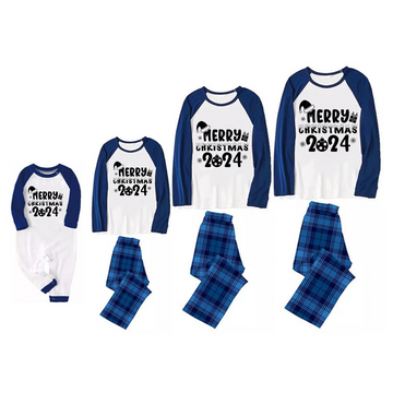 "Family Christmas 2024" Text Print Blue & Black Plaid Long Sleeve Christmas Family Matching Pajamas