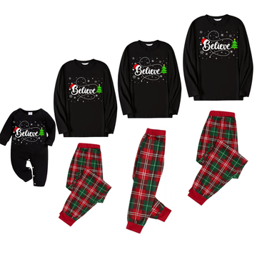 Belive Text and Santa Hat Pattern Black Top Red and Green Plaid Family Matching Pajamas